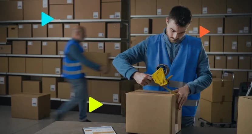 Homem de colete azul fecha uma caixa de papelão com fita adesiva amarela sobre uma mesa num armazém. Ao fundo desfocado, outro funcionário carrega caixa entre prateleiras de estoque.