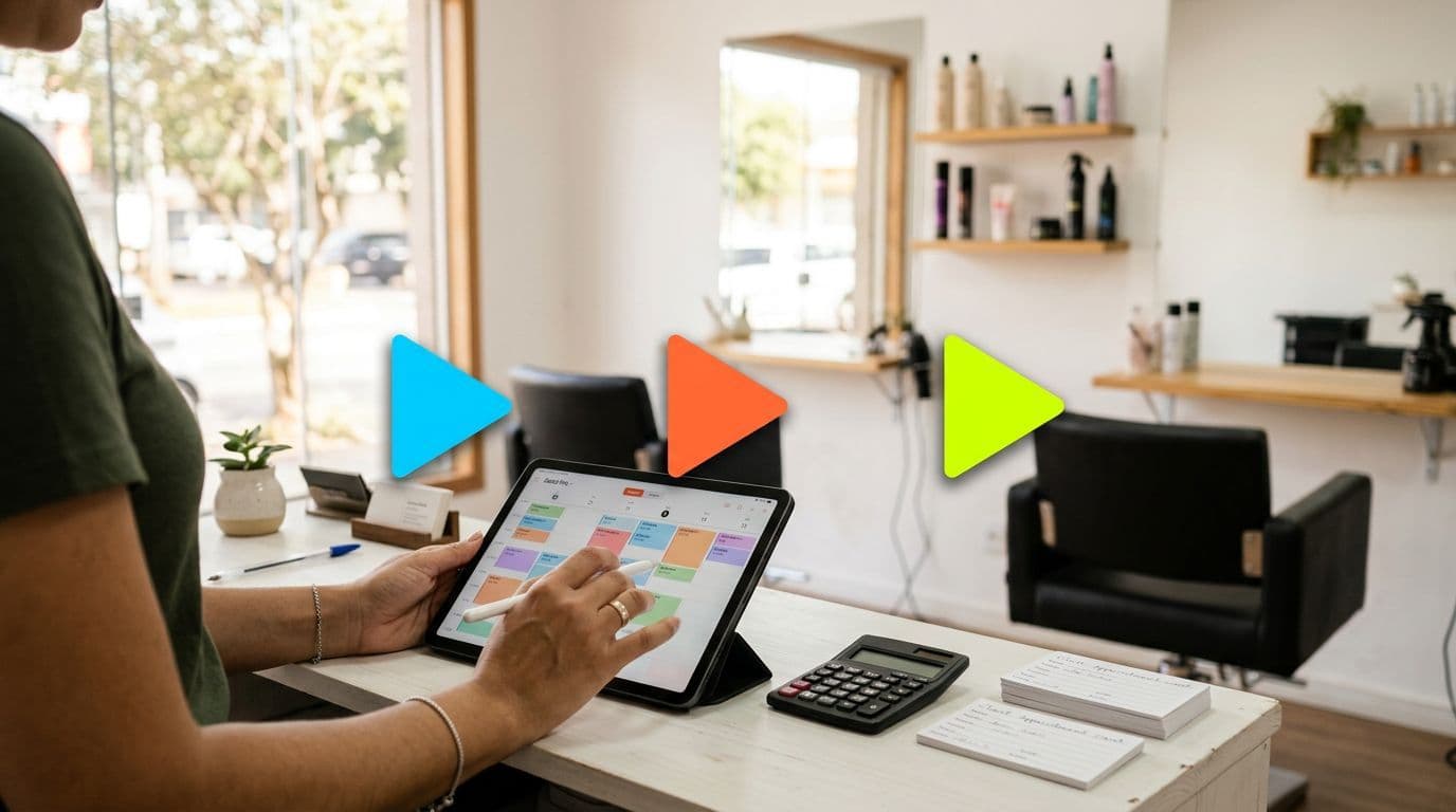 Mulher no balcão de um pequeno salão de beleza organiza a agenda em um tablet com caneta digital. Na mesa branca há calculadora e cartões. Ao fundo, cadeiras pretas e espelhos.