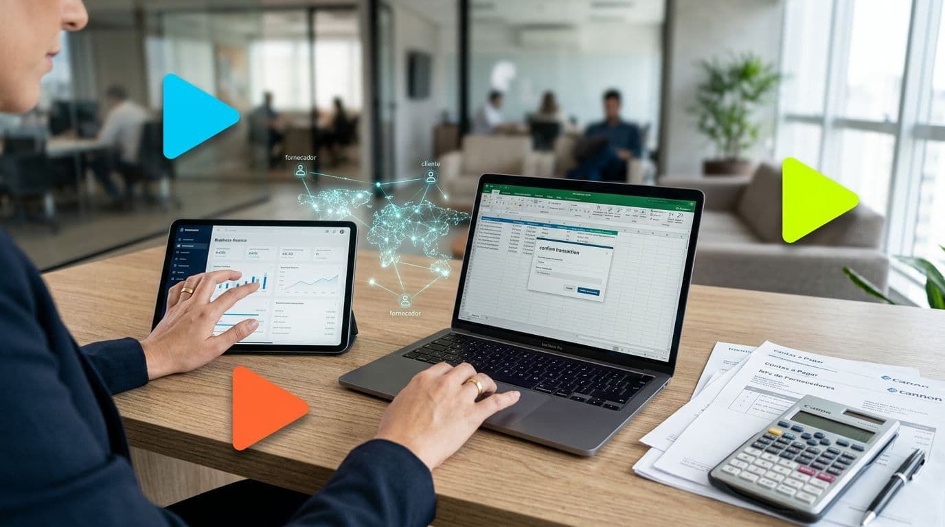 Pessoa trabalhando em laptop e tablet com gráficos financeiros.